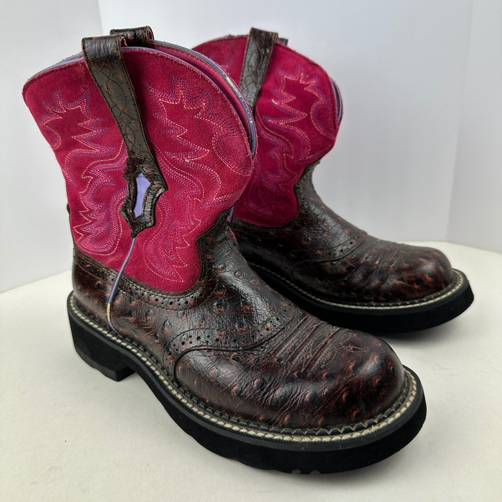 Ariat Fatbaby Western Boots Brown Pink Ostrich Print Chunky Sole Womens 7.5B